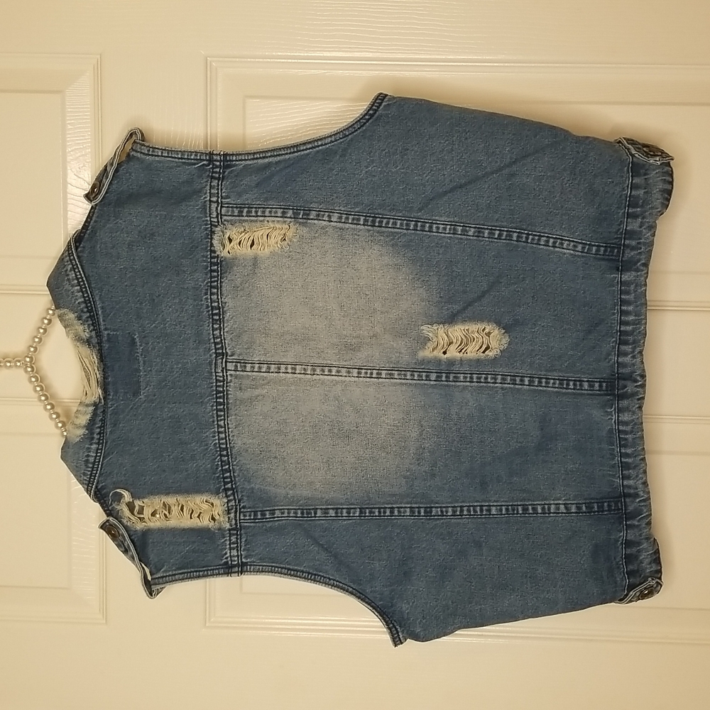 L&B Blue Jean Denim Sleeveless Distressed Vest Jacket Size Large - Picture 6 of 12
